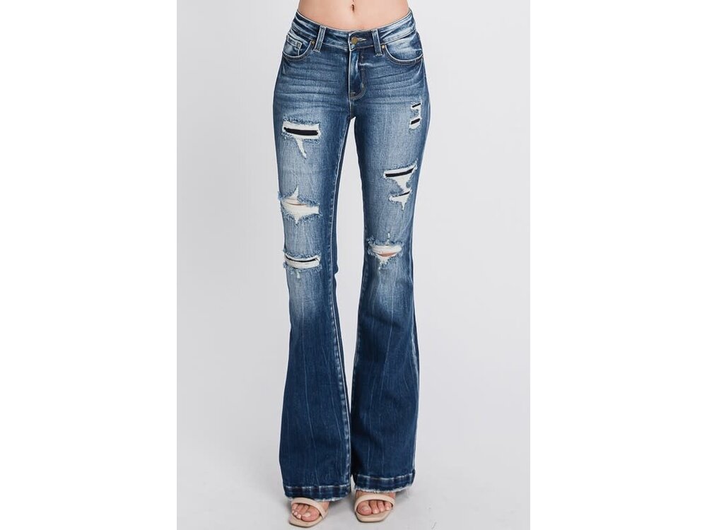 Petra153 Dark Distressed Flare w/ Patches- 34INSEAM-