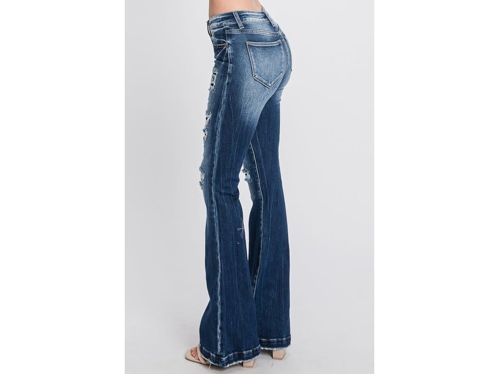 Petra153 Dark Distressed Flare w/ Patches- 34INSEAM-