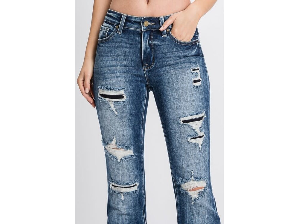 Petra153 Dark Distressed Flare w/ Patches- 34INSEAM-