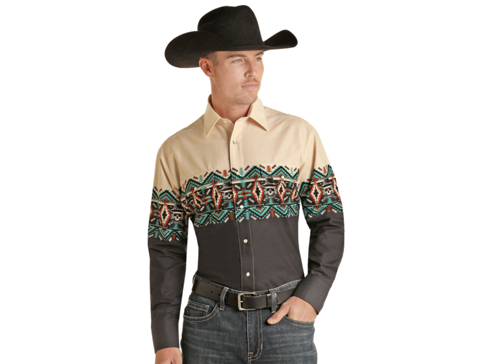 Panhandle Blue Aztec Shirt With Skull Detail