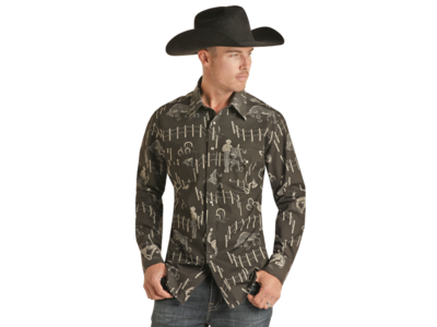 Rock and Roll Denim Vintage Rodeo Print Snap