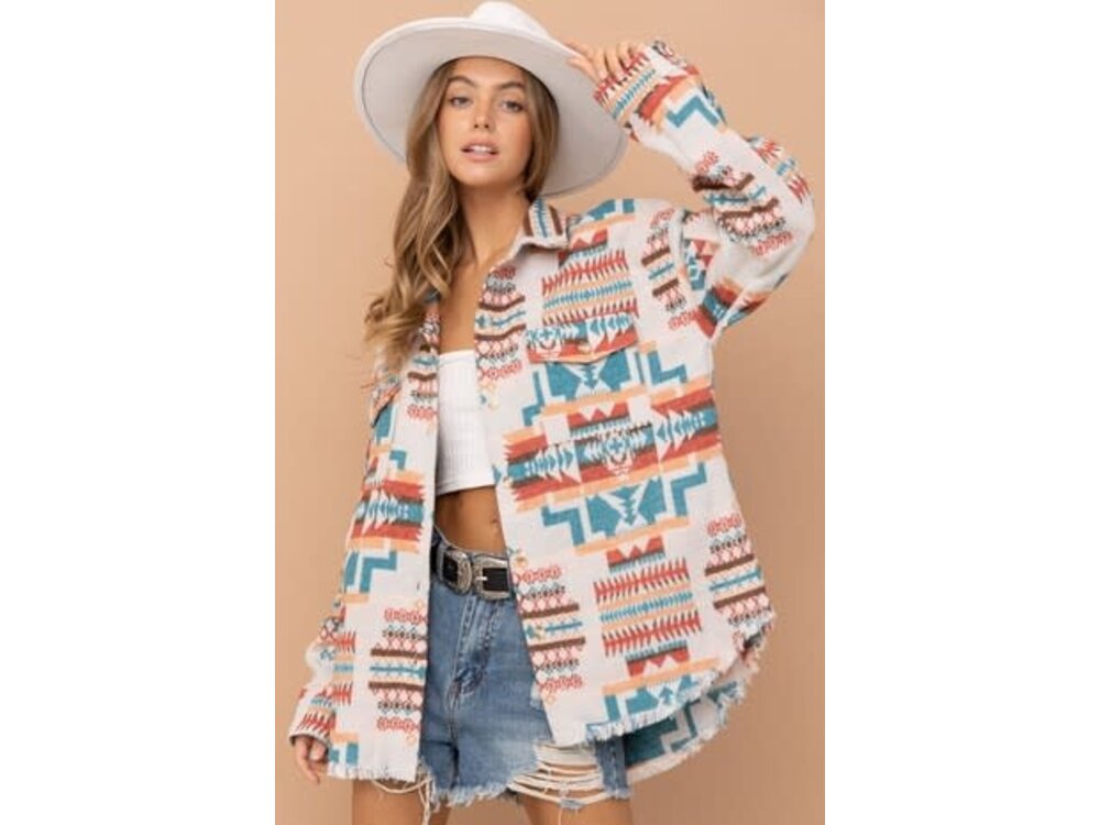 Blue B Tan Shacket with Blue Aztec Print
