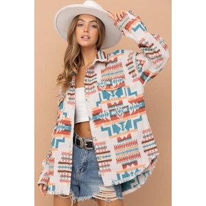 Blue B Tan Shacket with Blue Aztec Print