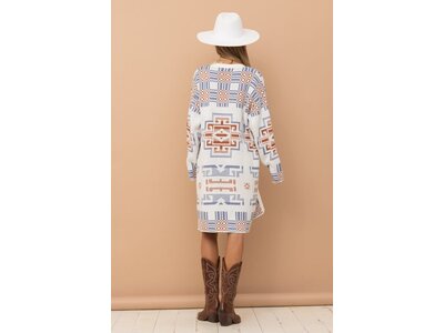 Blue B Off-White Long Open Front Cardigan with Aztec Print