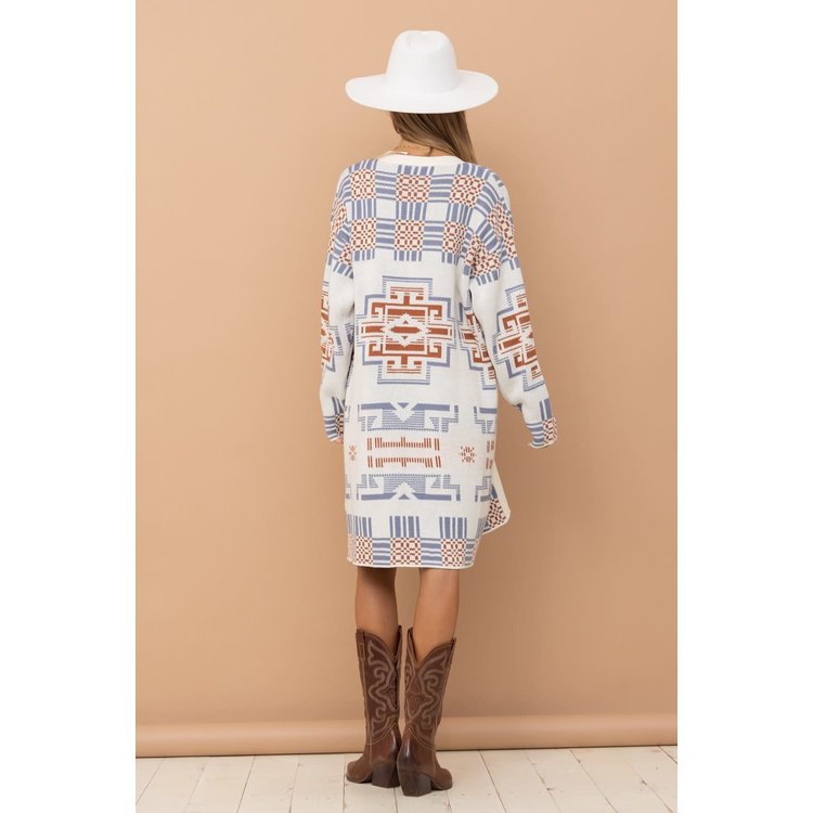 Blue B Off-White Long Open Front Cardigan with Aztec Print