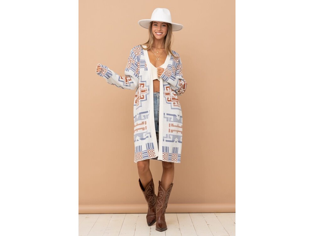 Blue B Off-White Long Open Front Cardigan with Aztec Print