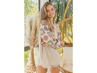 Ribbed Top with Waffle Knit Aztec Sleeves