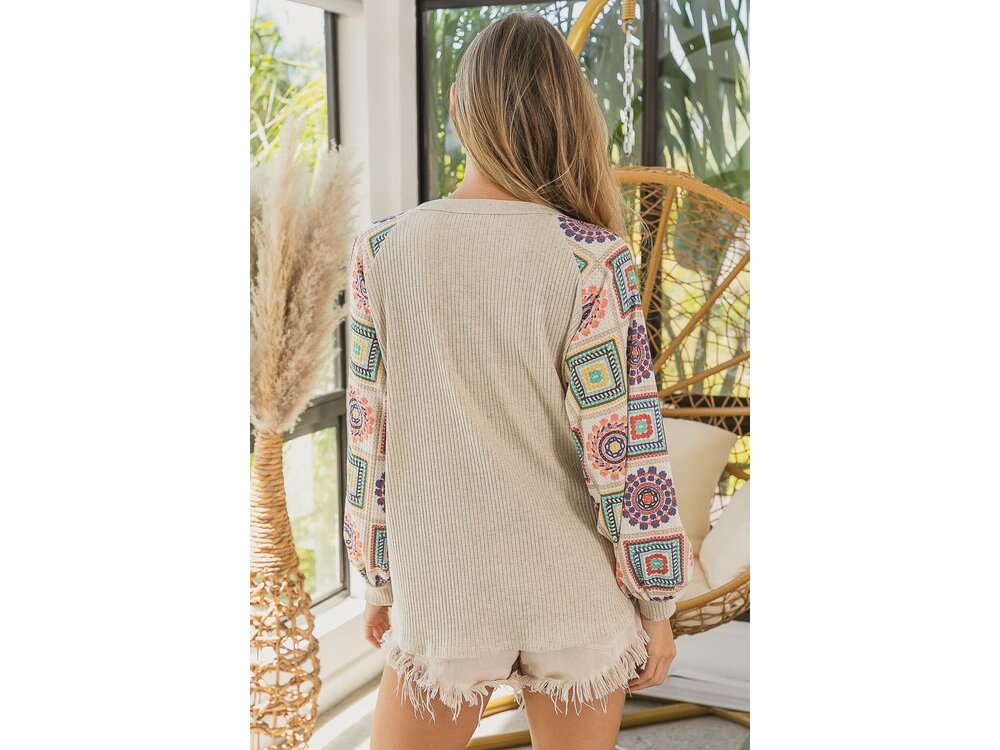 Ribbed Top with Waffle Knit Aztec Sleeves