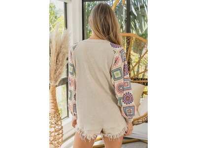 Ribbed Top with Waffle Knit Aztec Sleeves