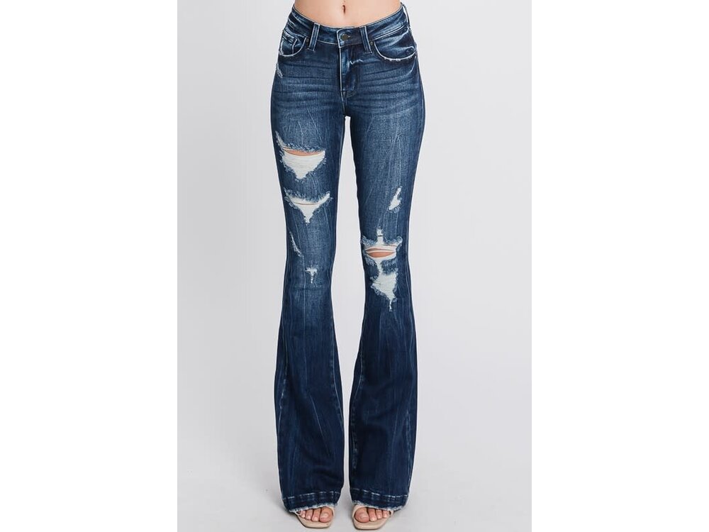 Petra153 Distressed Dark Flare w/ Trouser Hem