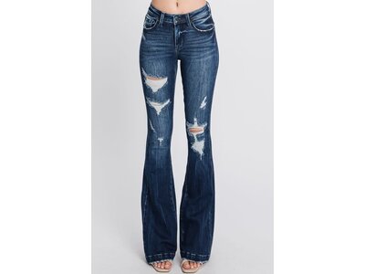 Petra153 Distressed Dark Flare w/ Trouser Hem