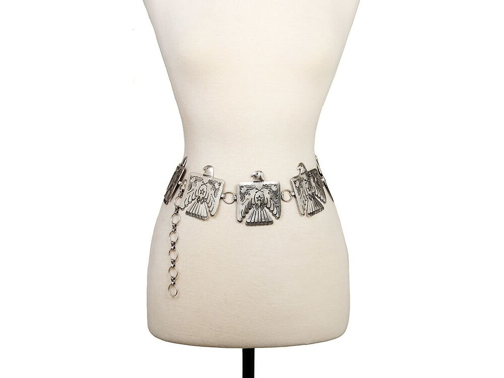 Etched Tribal Bird Concho Belt- Silver- S/M