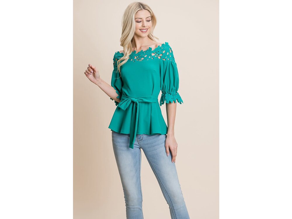 Off Shoulder Lace Detail Top with Tie Front