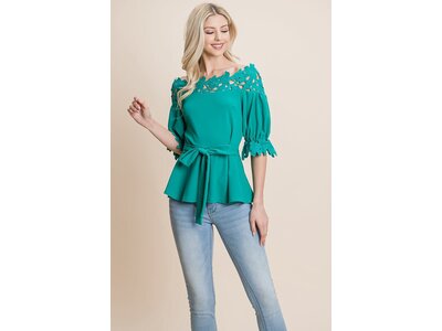 Off Shoulder Lace Detail Top with Tie Front