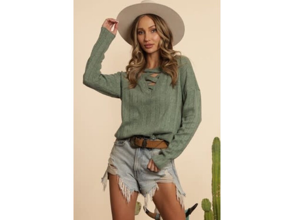 Blue Buttercup Brushed Sweater with Crossed Neck Detail