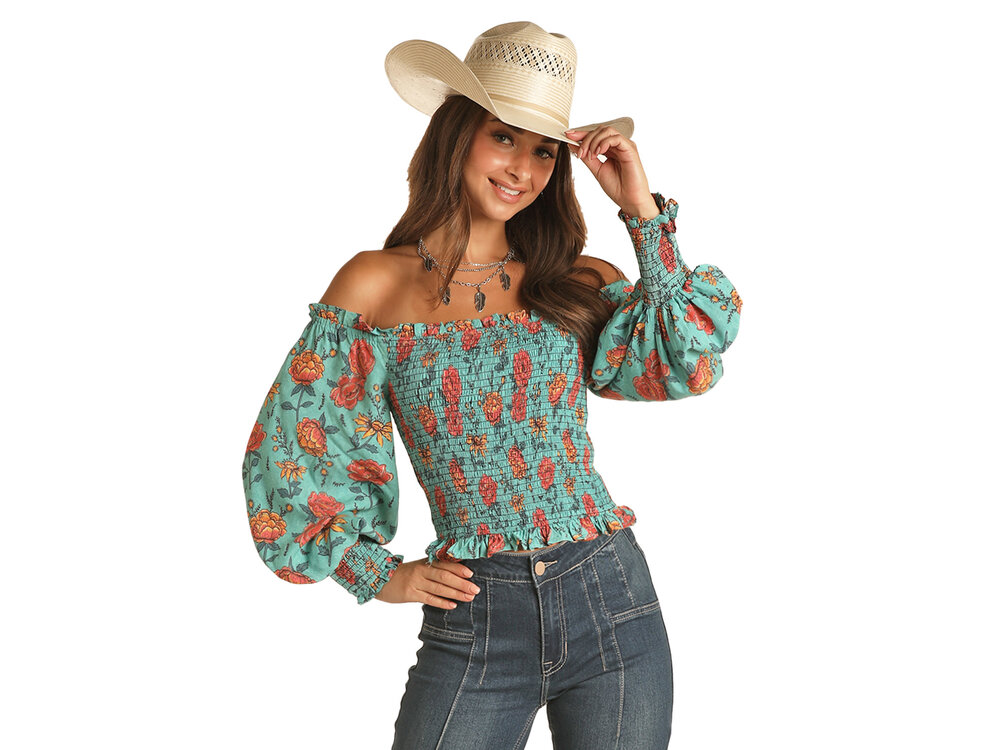 Rock and Roll Denim Off-Shoulder Blue Floral Top