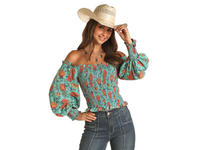 Rock and Roll Denim Off-Shoulder Blue Floral Top