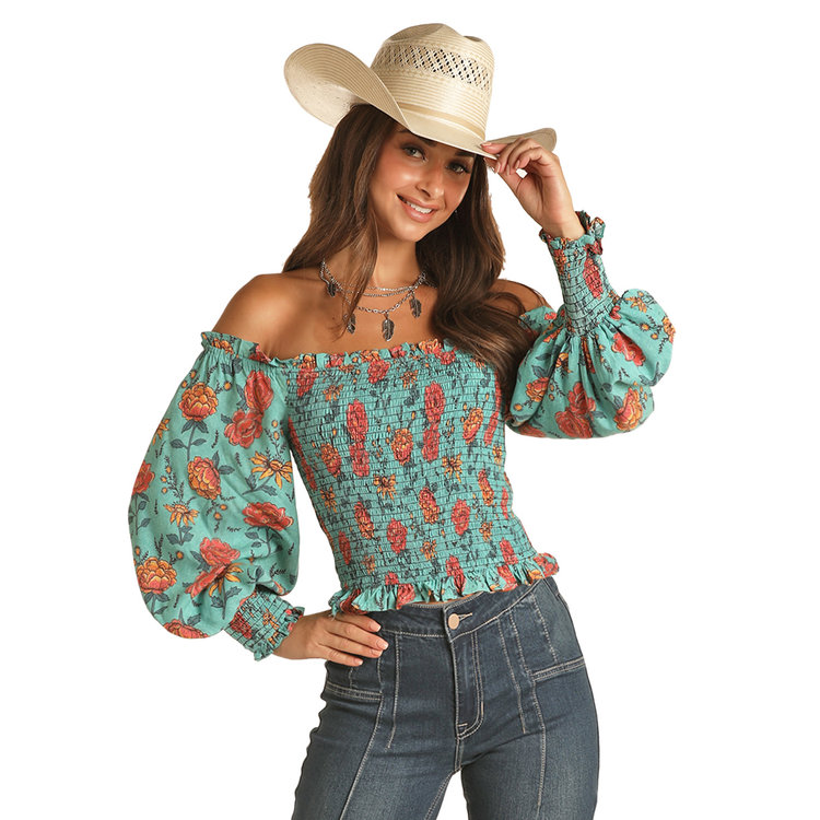 Rock and Roll Denim Off-Shoulder Blue Floral Top