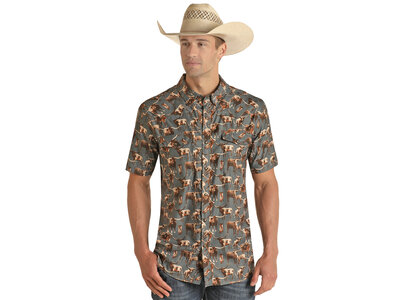 Rock and Roll Denim TekWestern Longhorn Short Sleeve Pearl Snap