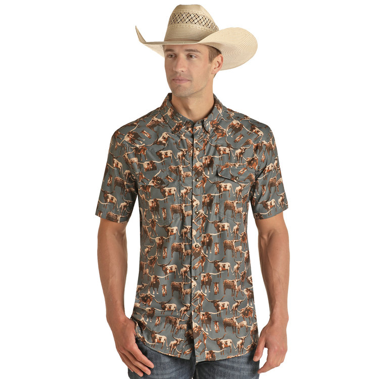 Rock and Roll Denim TekWestern Longhorn Short Sleeve Pearl Snap