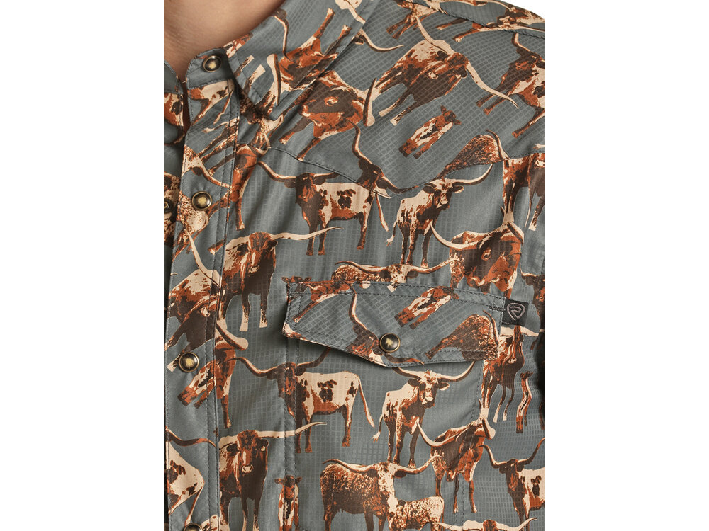 Rock and Roll Denim TekWestern Longhorn Short Sleeve Pearl Snap