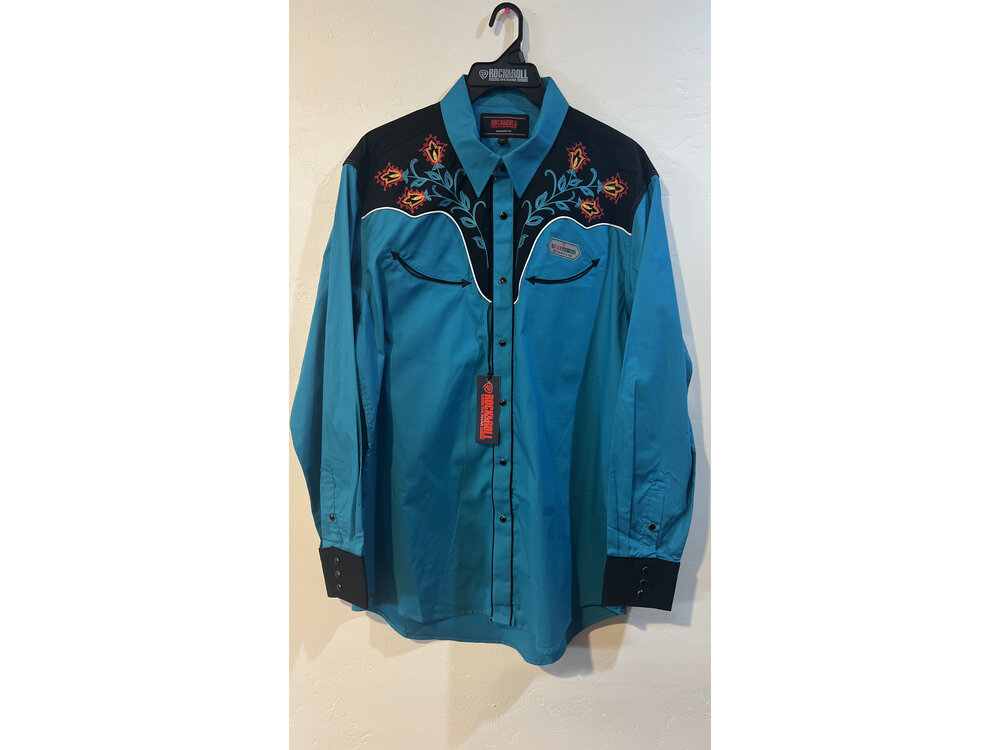 Rock and Roll Denim Throwback Western Embroidered Pearl Snap