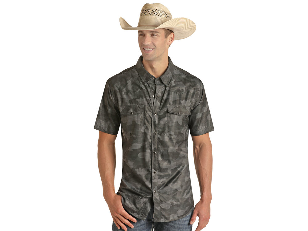 Rock and Roll Denim TekWestern Grey Camo Pearl Snap SS