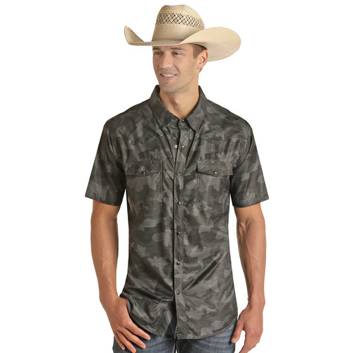 Rock and Roll Denim TekWestern Grey Camo Pearl Snap SS