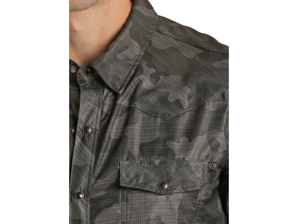 Rock and Roll Denim TekWestern Grey Camo Pearl Snap SS