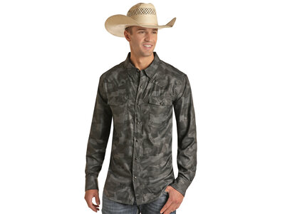Rock and Roll Denim TekWestern Grey Camo Long Sleeve Snap