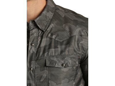 Rock and Roll Denim TekWestern Grey Camo Long Sleeve Snap