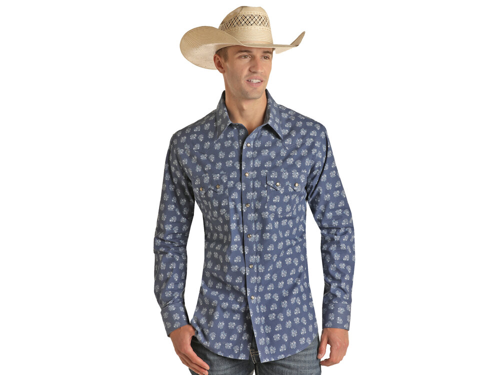 Rock and Roll Denim Vintage Blue Floral LS Pearl Snap