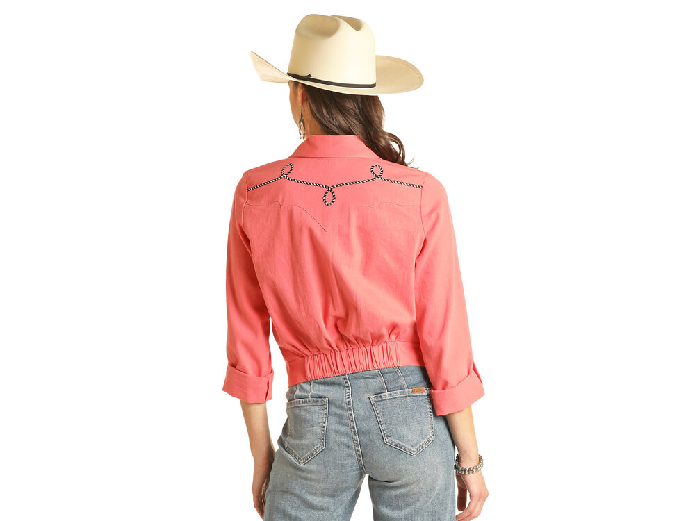 Rock and Roll Denim Coral Retro Bomber Shacket