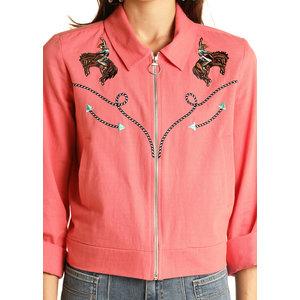 Rock and Roll Denim Coral Retro Bomber Shacket
