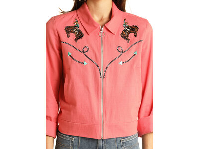 Rock and Roll Denim Coral Retro Bomber Shacket