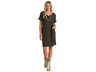 Rock and Roll Denim Cuff Sleeve Dress w/ Pockets - Black