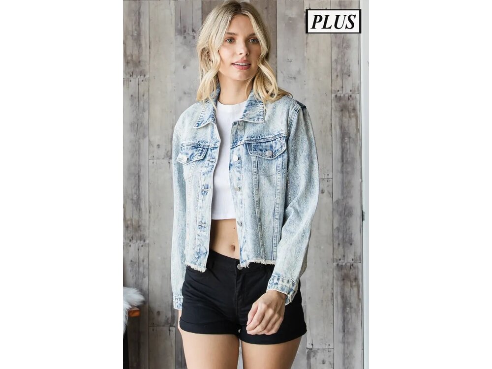 Veveret Distressed Denim Jacket with Rhinestone Stripes
