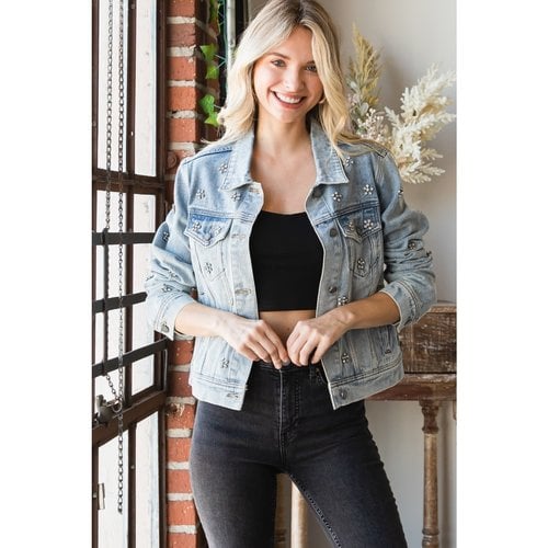 Veveret Rhinestone Flower Denim Jacket