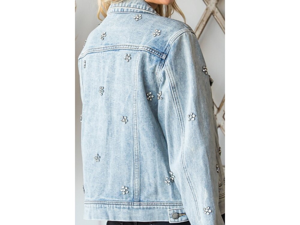 Veveret Rhinestone Flower Denim Jacket