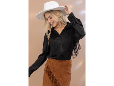 Blue B Black Satin Fringe Button Up