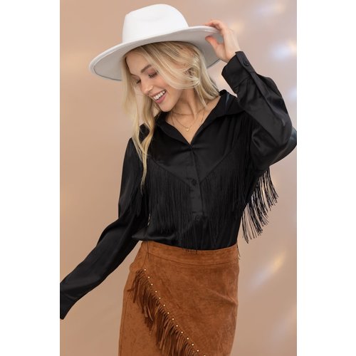 Blue B Black Satin Fringe Button Up