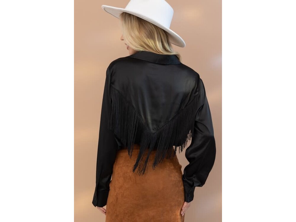 Blue B Black Satin Fringe Button Up