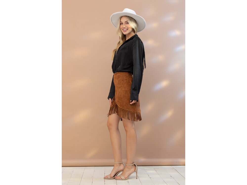 Blue B Black Satin Fringe Button Up