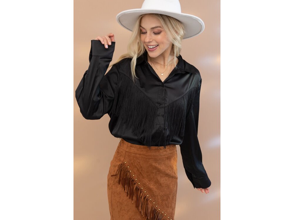 Blue B Black Satin Fringe Button Up