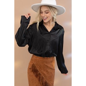 Blue B Black Satin Fringe Button Up