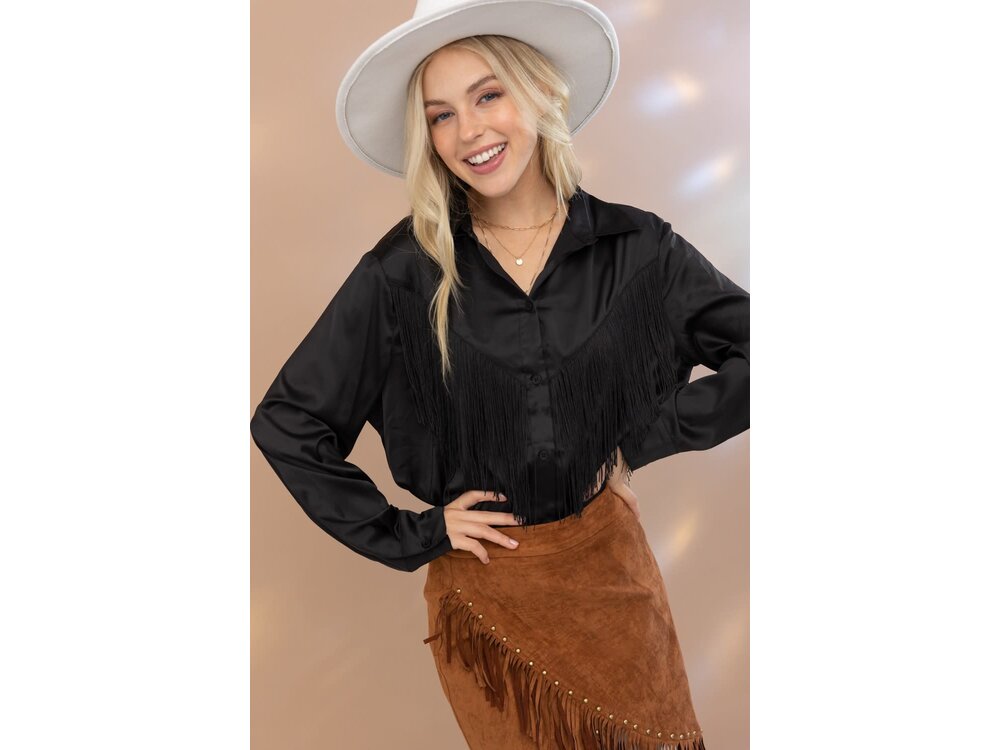 Blue B Black Satin Fringe Button Up