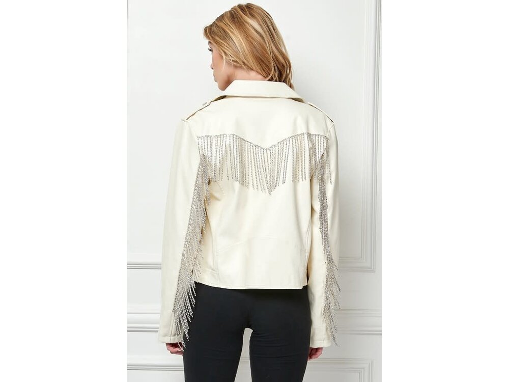 Veveret Rhinestone Fringe White Vegan Leather Jacket