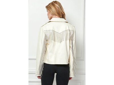 Veveret Rhinestone Fringe White Vegan Leather Jacket