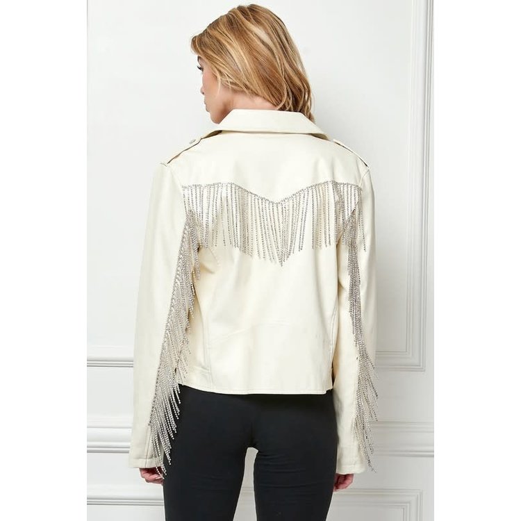 Veveret Rhinestone Fringe White Vegan Leather Jacket