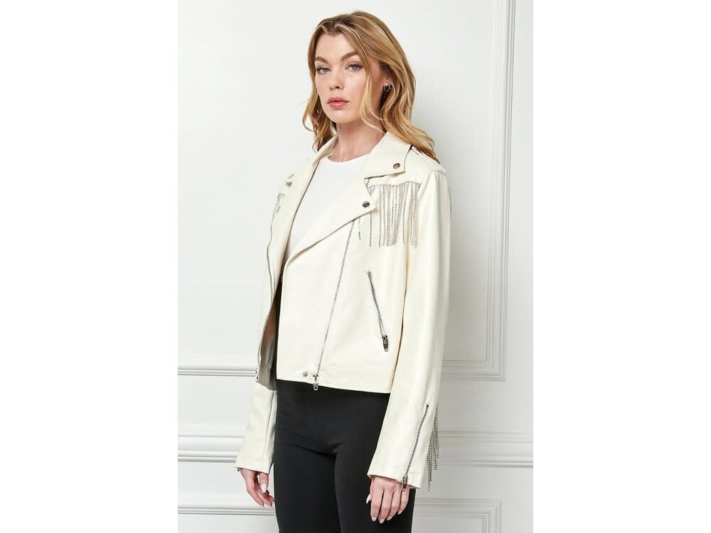 Veveret Rhinestone Fringe White Vegan Leather Jacket
